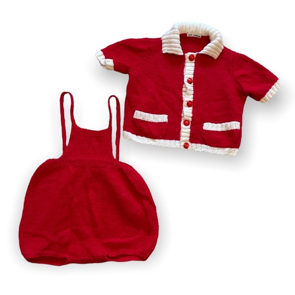 Vintage Other - Vintage Hand Made Red And White Knit Holiday Overalls And Button Down Cardigan